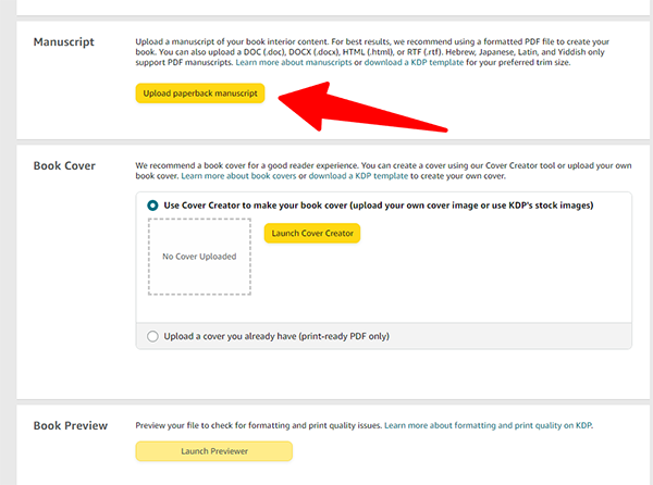 pload Your Manuscript If you have your manuscript professionally formatted and ready to go, just click the 'upload manuscript' button. If you are not very tech-savvy, we recommend hiring someone to format your book for Kindle and print.